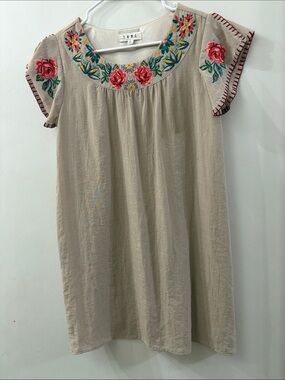 THML - Anthropologie - Embroidered Floral Short-Sleeve Dress in Beige - small